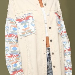 Women's Ethnic Aztec Print Mock Pocket Frayed Drop Shoulder Turn Down Collar Button Up High Low Denim Shacket
