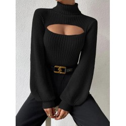 Women's Turtleneck Cut Out Lantern Sleeves Solid Color Chunky Pullover Sweater