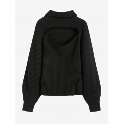 Women's Turtleneck Cut Out Lantern Sleeves Solid Color Chunky Pullover Sweater